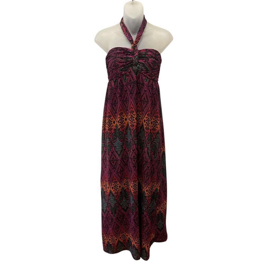 Xhiliration Maxi Tie Halter Dress Boho Print Dress Long Medium M NWOT - Picture 3 of 9